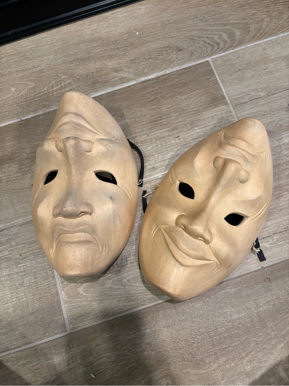 2 Hand Carved Wooden Theater Masks - Comedy and Tragedy Wearable Art Japanese